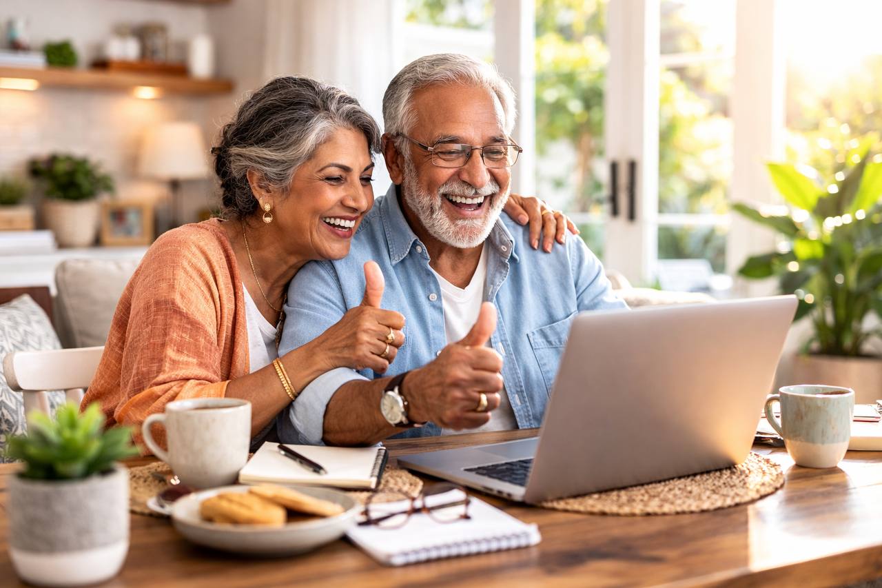 Happy seniors successfully using AI